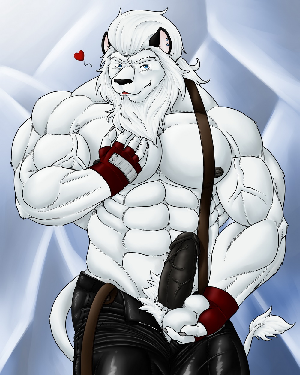 2010 abs balls blue_eyes erection feline fingerless_gloves gloves kyuuhari lion looking_at_viewer male muscles nipples pants penis solo tail