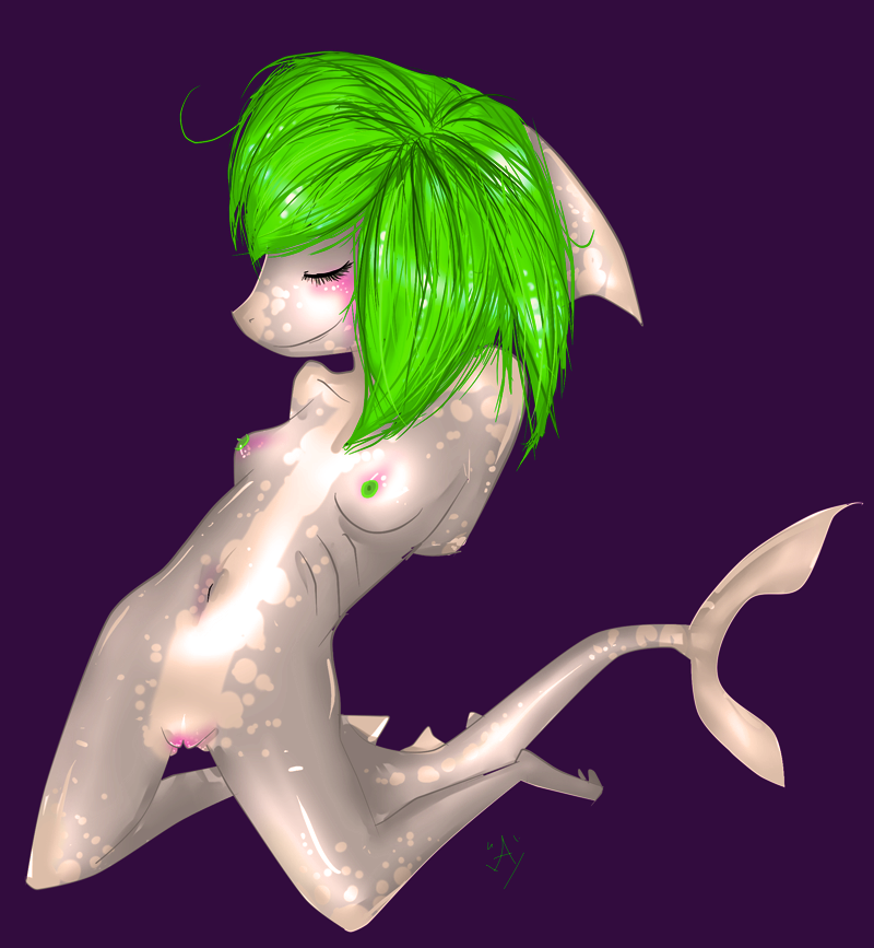 breasts dorsal_fin eyes_closed female fin fins green_hair hands legs long marine nude pussy shark shiny small solo stubbins tail
