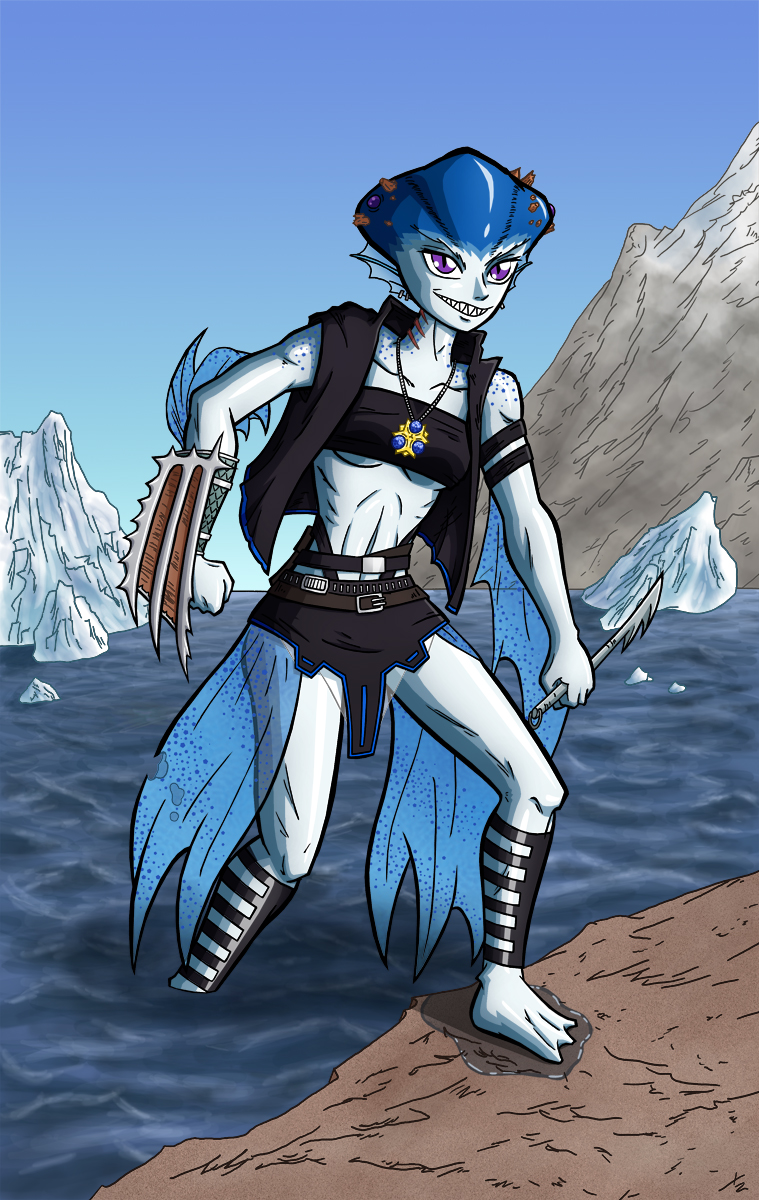 blue breasts female hair marine princess_ruto solo the_legend_of_zelda unknown_artist video_games weapon zora