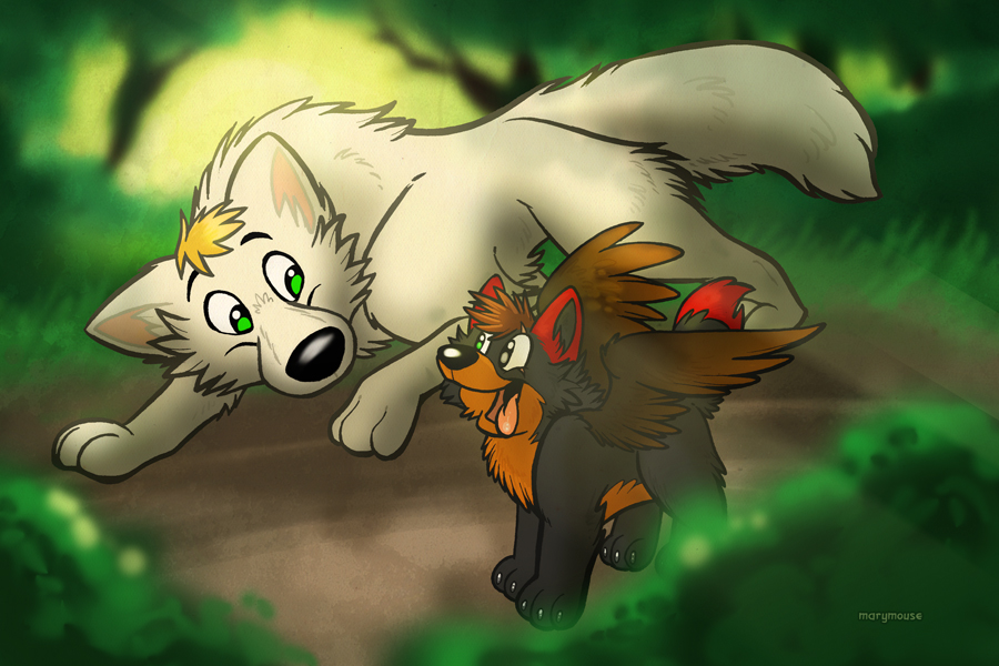 canine cute feral looking_at_each_other marymouse open_mouth tongue toony white wings wolf
