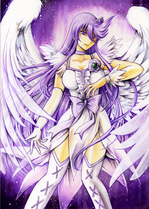 adapted_costume alternate_costume angel_wings bow breasts choker cure_moonlight elbow_gloves gloves heart heartcatch_precure! large_breasts legs long_hair magical_girl myu-kimera precure purple_choker purple_eyes purple_hair single_elbow_glove single_glove solo super_silhouette_(heartcatch_precure!) thighhighs thighs traditional_media tsukikage_yuri wings