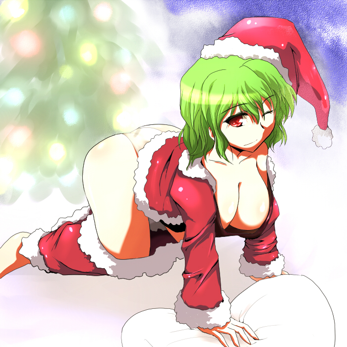 all_fours barefoot breasts christmas cleavage downblouse green_hair haji_(hajiko) hat kazami_yuuka large_breasts no_bra one_eye_closed panties red_eyes santa_costume santa_hat short_hair skirt skirt_pull solo touhou underwear