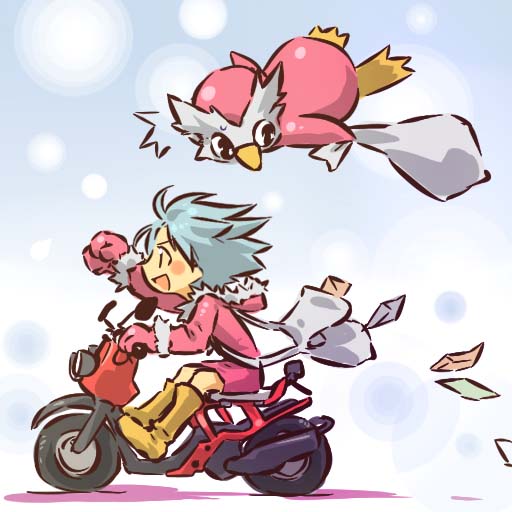 :d androgynous bag blush_stickers boots delibird envelope falling gen_2_pokemon gloves ground_vehicle hitec hood hoodie knee_boots moemon motor_vehicle motorcycle open_bag open_mouth personification pokemon pokemon_(creature) satchel short_hair smile sweatdrop v-shaped_eyebrows white_hair