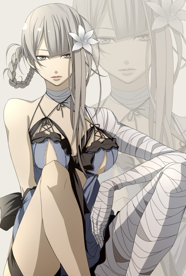 asymmetrical_hair bad_id bad_pixiv_id bandaged_arm bandaged_leg bandages bangs bare_shoulders blunt_bangs bow braid breasts criss-cross_halter cross-laced_clothes flower frills grey_background hair_flower hair_ornament hair_rings halter_top halterneck kaine_(nier) knees_up large_breasts legs lingerie looking_at_viewer negligee nier nier_(series) nippleless_clothes no_nipples parted_bangs ribbon short_hair sidelocks silver_eyes silver_hair simple_background sitting solo thigh_strap thighs underwear yashano_akira zoom_layer