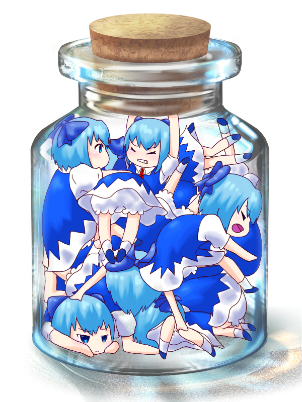 bad_id bad_pixiv_id blue_hair bottle cirno clone cork glass hair_ribbon horo_(nebbia) in_bottle in_container jar multiple_girls ribbon touhou wings
