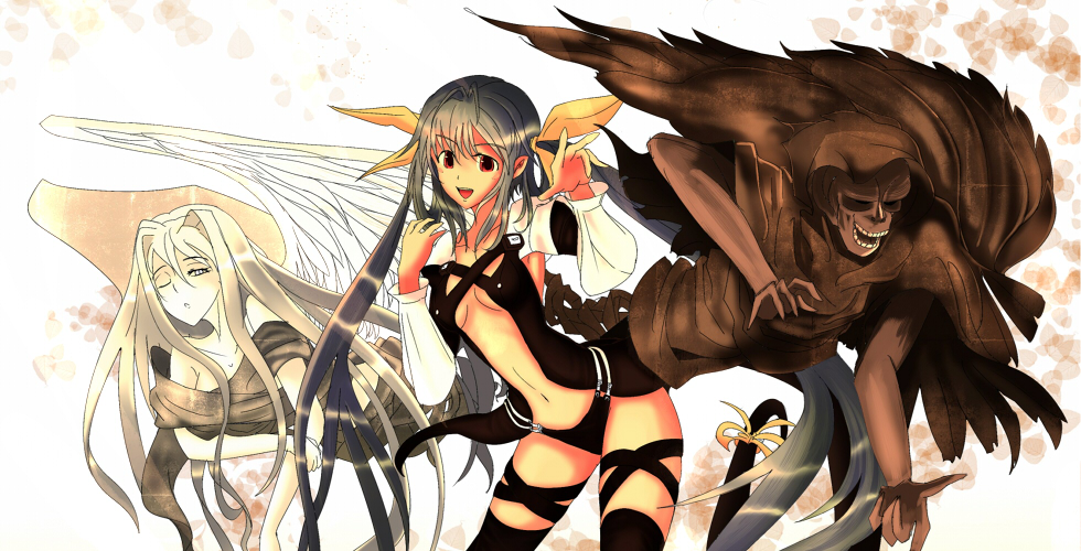 asymmetrical_wings bad_id bad_pixiv_id black_legwear blue_hair dizzy grin guilty_gear hair_ribbon long_hair navel necro_(guilty_gear) one_eye_closed open_mouth red_eyes ribbon smile tail tail_ribbon thighhighs twintails undine_(guilty_gear) very_long_hair wings yodori