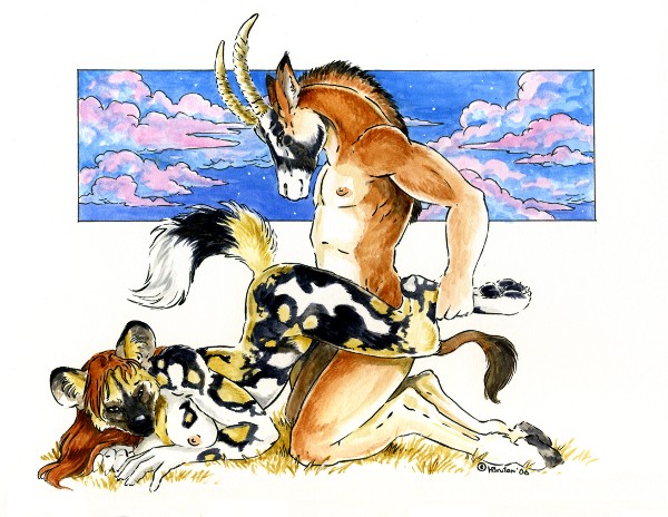 2006 african_wild_dog ass_up breasts canine couple dog female from_behind grazing_antelope heather_bruton horns male nude on_front predator_prey predator_prey_reversal raised_tail roan_antelope sex side_boob straight tail turnaround vaginal
