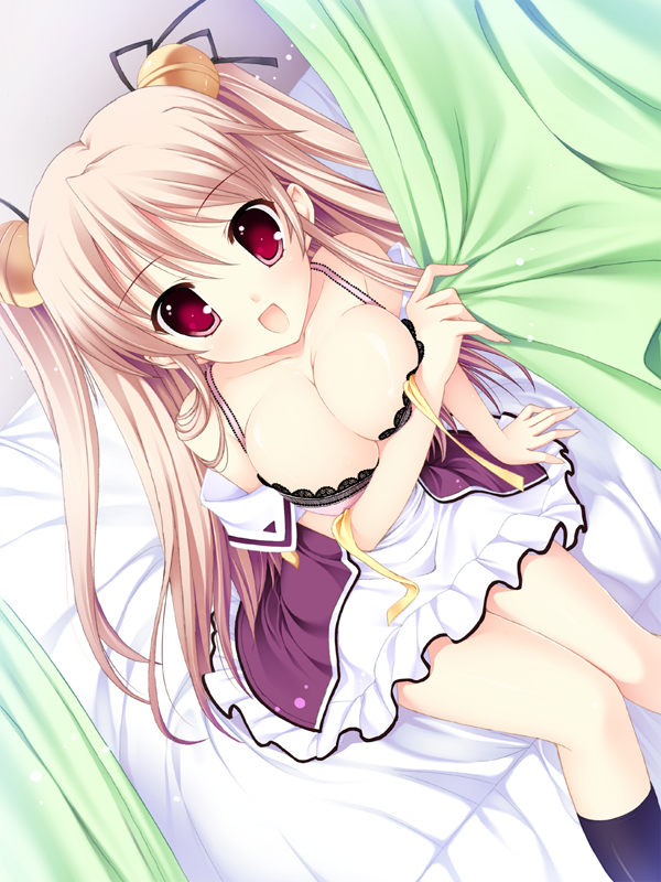 :d bed bra breasts cleavage copyright_request curtain_grab curtains dutch_angle large_breasts legs_together lingerie mitha open_mouth pink_hair red_eyes ribbon school smile solo source_request thighhighs twintails underwear uniform
