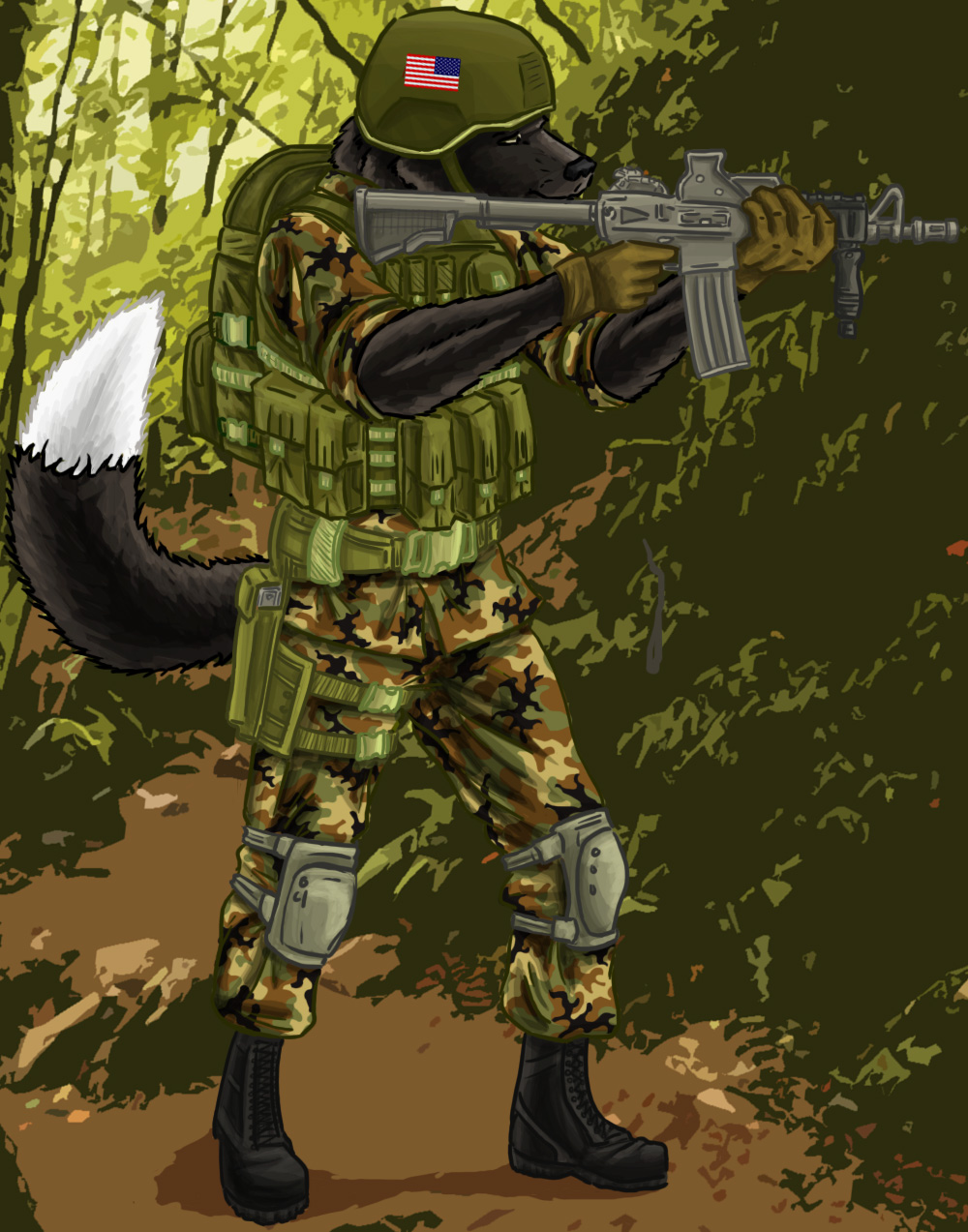 american_flag army army_helmet backpack boots camo canine flag forest gloves gun helmet knee_pads kneepads m4 mammal maverickcowboy military ranged_weapon ranger rifle rolled_sleeves soldier solo standing tree uniform vest weapon wood