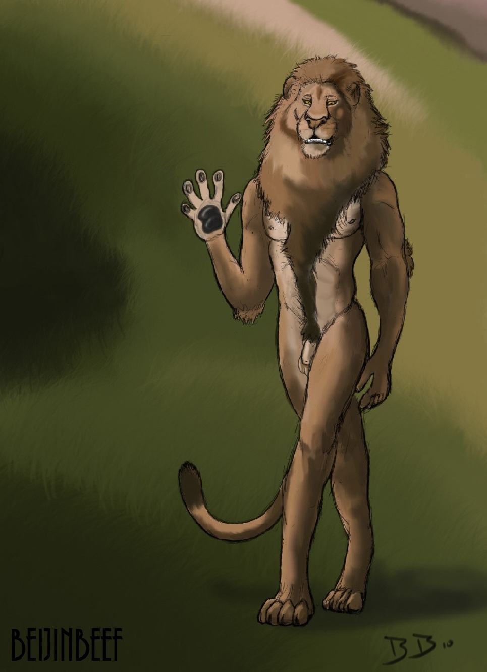 anthro beijinbeef body_hair feline happy_trail lion male mammal mane sheath solo