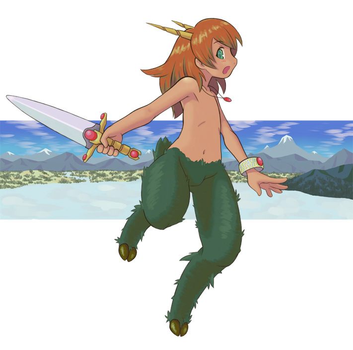 ambiguous_gender hooves horns mawaru nude satyr solo sword weapon young