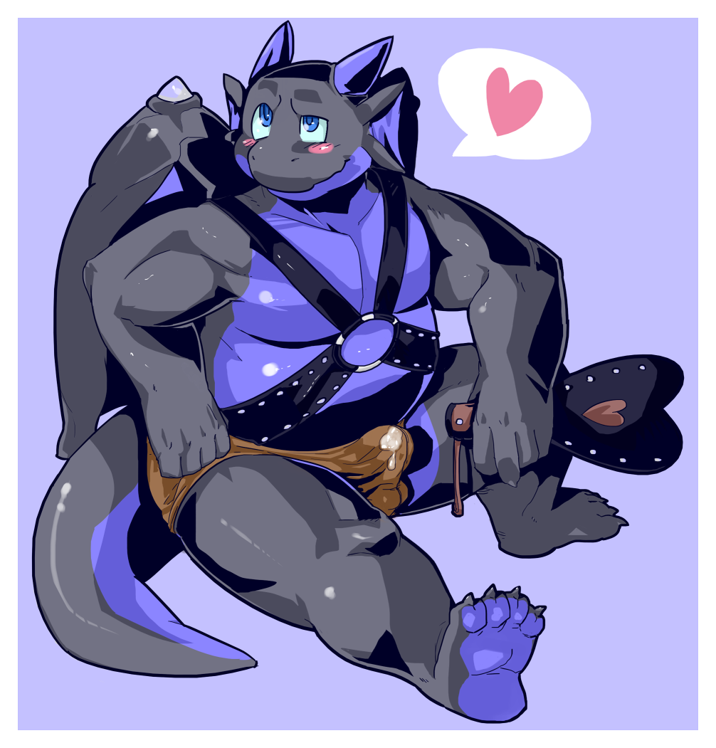 &hearts; bdsm black_dragon blue_eyes blush bondage bound bulge chubby cum cum_in_pants dragon fat gazpacho gazpacho_(artist) harness horn horns male overweight paws scalie smile solo wings