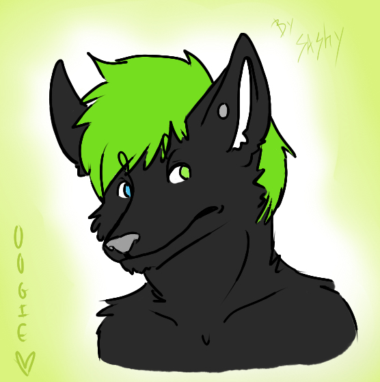 bipedal black black_fur blue_eyes bust canine charlie_weems_(character) ears_up fox fur gradient_background green_background green_eyes green_hair grey_nose grimace hair heterochromia looking_back mammal oogie plain_background pointy_ears solo stud_earring topless