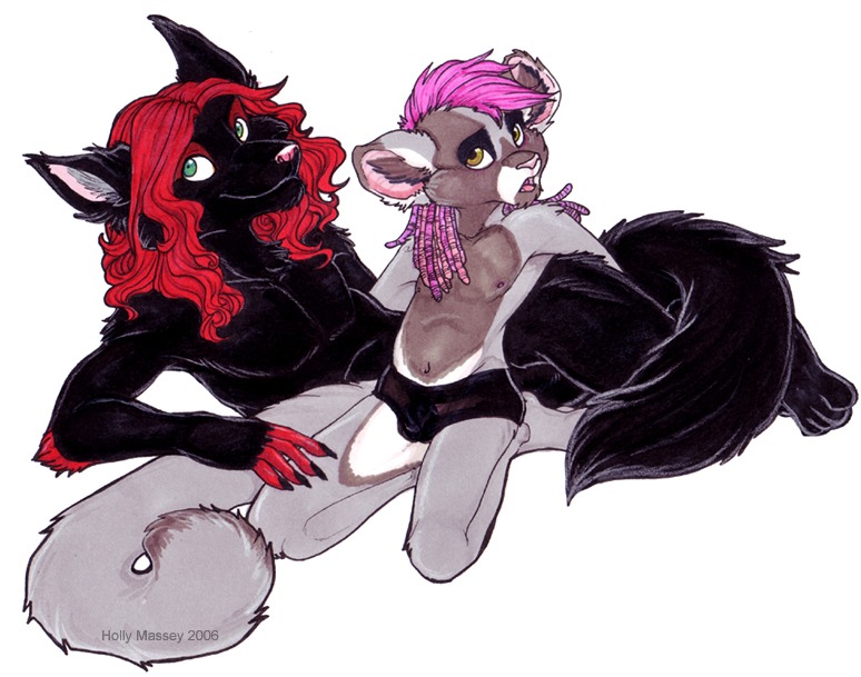 anthro canine duo gay hair holly_massey male mammal pink_hair plain_background red_hair tail underwear white_background wolf