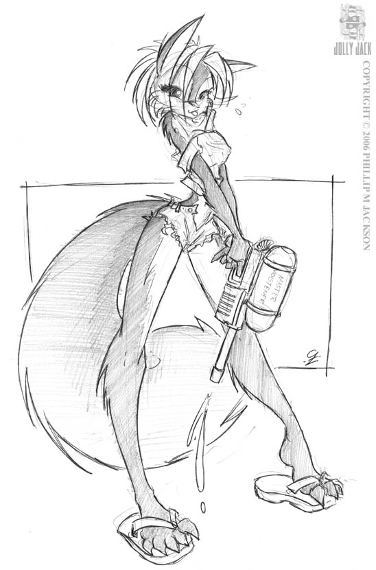 :p daisy_dukes female flip_flops greyscale jollyjack looking_at_viewer monochrome off_shoulder on_toes open_fly pencils rodent scarlet sequential_art sketch skimpy solo squirrel water_gun