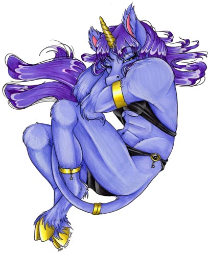 blue clothed clothing curled_up ecco equine female fur hair hooves horn horse long_hair mammal plain_background purple_fur purple_hair short_hair skimpy solo unicorn white_background