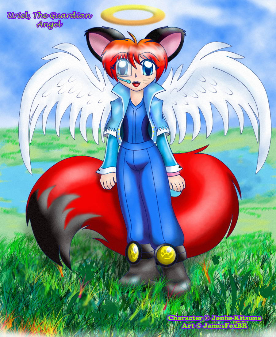 angel background blue_eyes canine cub cute fox hair halo jamesfoxbr kitsune looking_at_viewer male multiple_tails open_mouth red red_hair short_hair shota sky solo standing tail uriel wings
