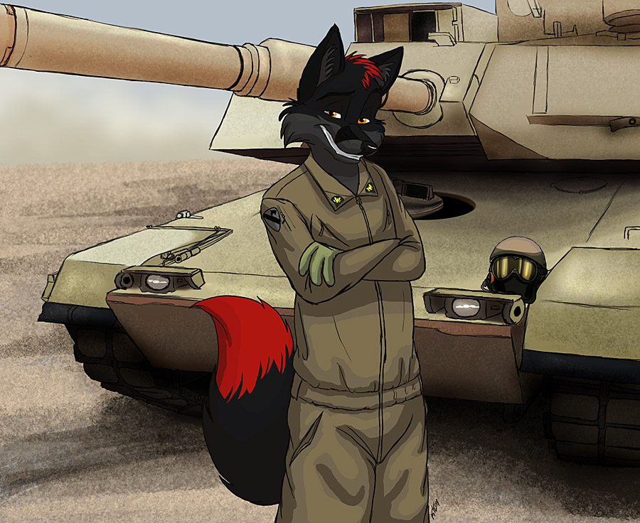 canine clothed colored crossed_arms desert ear_tufts furries_did_iraq greykitty hair helmet highlights iraq krevan looking_at_viewer male military smile solo tail tank uniform wolf yellow_eyes