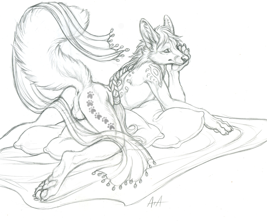2010 anus balls canine cloth fox male nude on_front pillow presenting raised_tail rukis sketch solo tail translucent