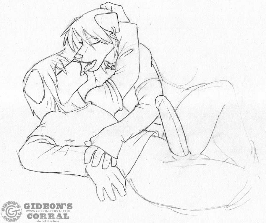 anthro balls black_and_white canine duo erection eyes_closed gay gideon gideon's_corral gideon's_corral humanoid_penis hyper kissing male mammal monochrome penis plain_background sketch sofa white_background