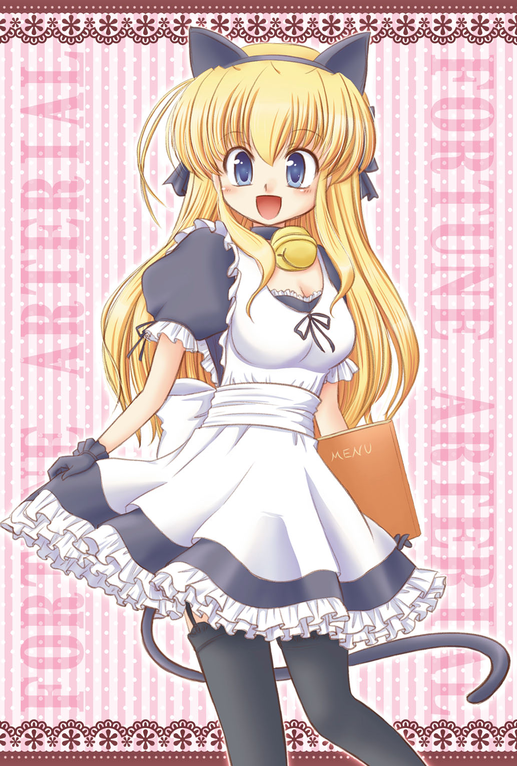 akihara_ryou animal_ears bell blonde_hair blue_eyes breasts cat_ears cleavage fortune_arterial garter_straps gloves highres jingle_bell long_hair medium_breasts sendou_erika solo tail thighhighs waitress