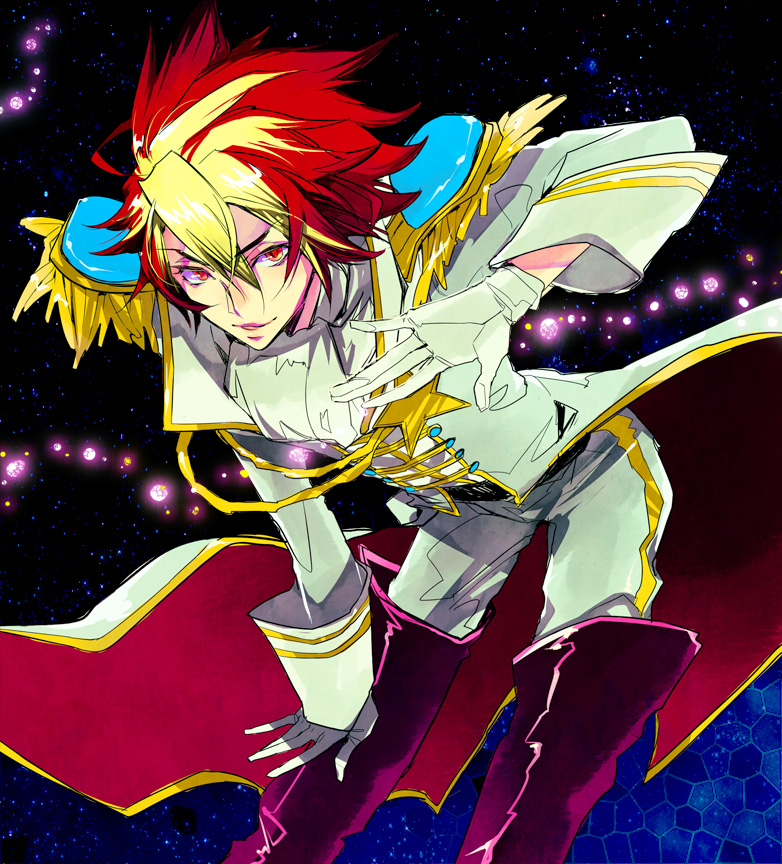 aiguillette boots coat epaulettes gloves male_focus mmmmm multicolored_hair red_eyes solo star_driver thigh_boots thighhighs tsunashi_takuto two-tone_hair