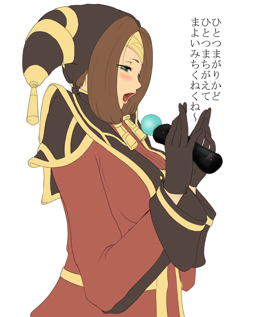 blush bobabo breasts brown_hair female final_fantasy final_fantasy_xi flat_color gloves green_eyes hat long_hair open_mouth playstation_move robe solo sony translation_request white_background yve'noile yve'noile