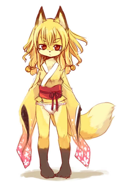 anthro bells canine clothing cub female fox fundoshi japanese_clothing kimono kishibe mammal panties red_eyes solo tail underwear young