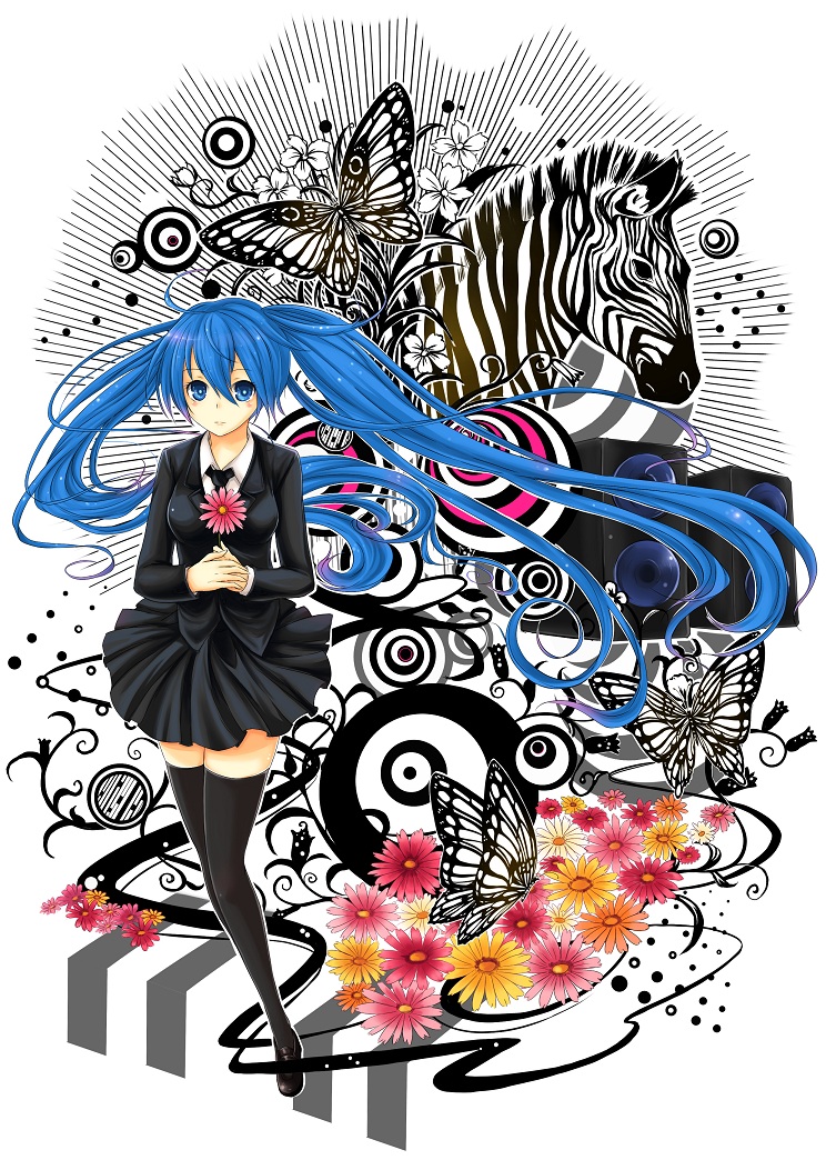 blue_eyes blue_hair bug butterfly flower formal hatsune_miku insect ks long_hair necktie saihate_(vocaloid) skirt solo speaker thighhighs twintails very_long_hair vocaloid zebra zettai_ryouiki