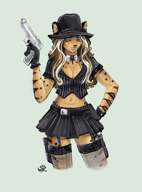 cleavage crossgender feline_appearance female mobster paleo pistol skirt solo suspernders thumbclawz thylacoleo