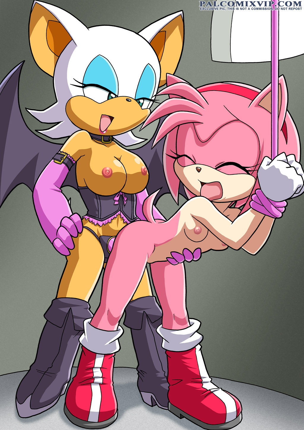 amy_rose bbmbbf boots breasts collar dildo eyes_closed female gloves half-closed_eyes lesbian open_mouth palcomix pink pink_hair rouge_the_bat sex_toy sonic_(series) strapon tail