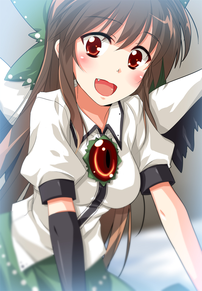 black_hair blurry bow brown_hair cape close-up depth_of_field elbow_gloves fang gloves green_bow hair_bow long_hair nu_(plastic_eraser) open_mouth red_eyes reiuji_utsuho single_elbow_glove single_glove smile solo third_eye touhou wings