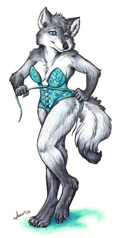 aura_moser auradeva breasts canine corset female mammal plain_background pose solo white_background wolf