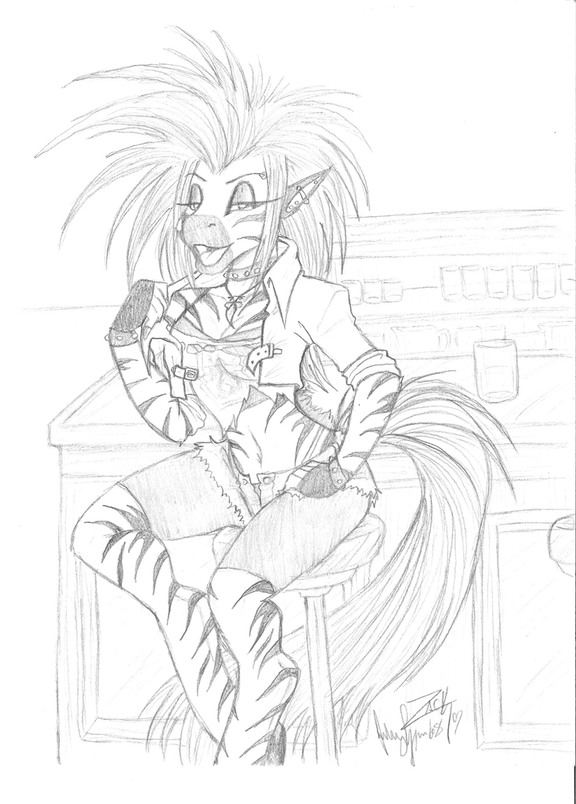 80s angelaito bar big_hair equine female gloves looking_at_viewer navel necklace open_mouth piercing ripped shorts sitting solo sonya stool stripes zebra