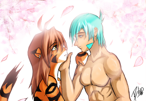 blue brown_hair couple feline female flora_(twokinds) hair human love male mammal nude tiger trace_(character) trace_legacy twokinds unknown_artist webcomic