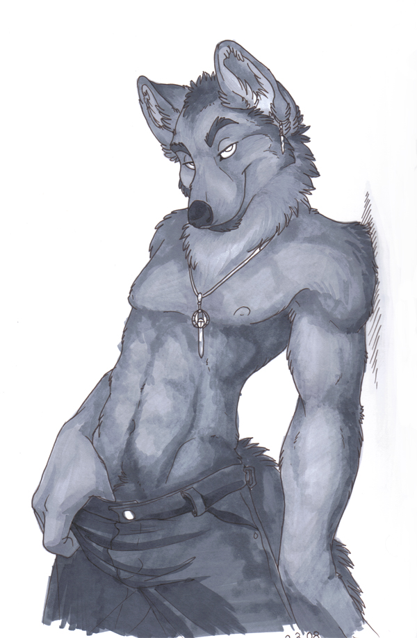 canine chibi-marrow ear_piercing earring looking_at_viewer male monochrome necklace pants piercing solo wolf