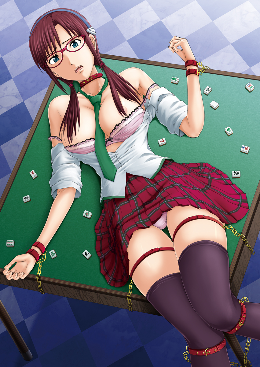 areola_slip areolae bare_shoulders bdsm blue_eyes bondage bound bra breasts brown_hair chain checkered checkered_floor collar evangelion:_2.0_you_can_(not)_advance glasses hair_over_breasts hairband highres large_breasts lingerie lying mahjong makinami_mari_illustrious necktie neon_genesis_evangelion off_shoulder on_back open_mouth plaid plaid_skirt rebuild_of_evangelion school_uniform skirt solo thigh_gap thighhighs toyatei twintails underwear