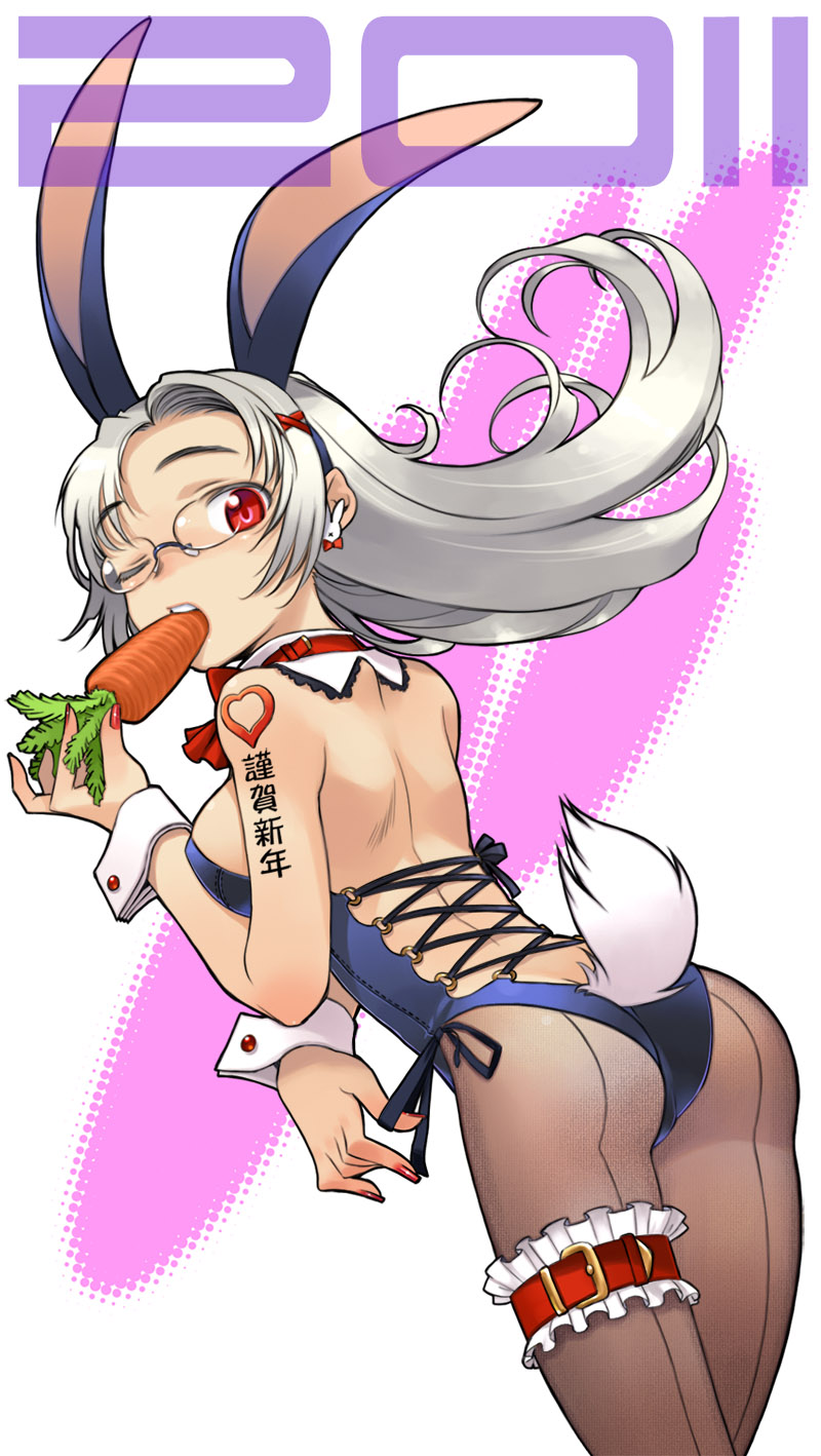 2011 animal_ears ass back bad_id bad_pixiv_id breasts bunny_earrings bunny_ears bunny_tail bunnysuit carrot earrings extra_ears glasses heart highres jewelry long_hair looking_back medium_breasts nakamura_tetsuya new_year one_eye_closed original pantyhose red_eyes sideboob silver_hair solo tail translated wrist_cuffs