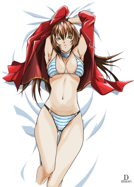 arms_up bikini brown_hair dottona_(dotna) green_eyes jacket lying original solo striped striped_bikini swimsuit