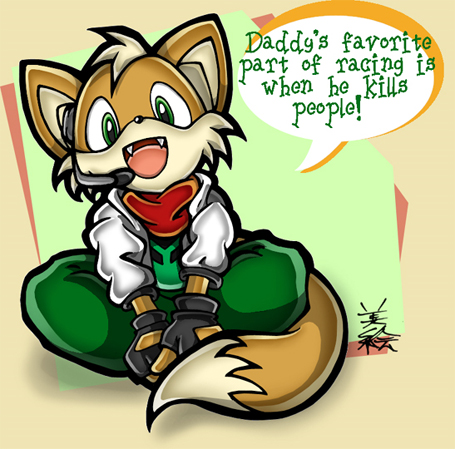 canine chibi clothing cute fangs fox fox_mccloud gloves green_eyes male microphone sitting solo star_fox tail unknown_artist video_games