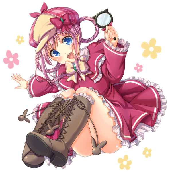 :d blue_eyes blush boots bow censored convenient_censoring cross-laced_footwear face frills hair_rings hat k.y_ko knee_boots laughing magnifying_glass open_mouth outstretched_arms pink_bow pink_hair red_skirt sherlock_shellingford sitting skirt smile solo spread_arms tantei_opera_milky_holmes twintails upskirt wide-eyed