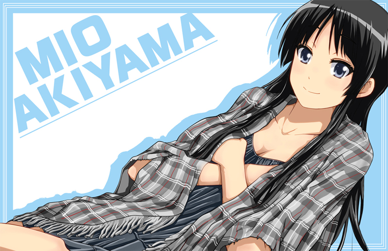 akiyama_mio black_hair blue_eyes bow breasts cleavage crossed_arms dutch_angle fringe_trim k-on! long_hair no10 poncho small_breasts smile solo