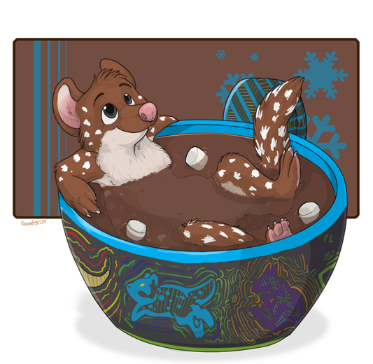 2009 bathing blue brown cup grey_eyes hot_chocolate hot_tub kangaroo keravist looking_up lying marshmallow marsupial on_back pink_nose quoll simple_background snowflake spots tail winter