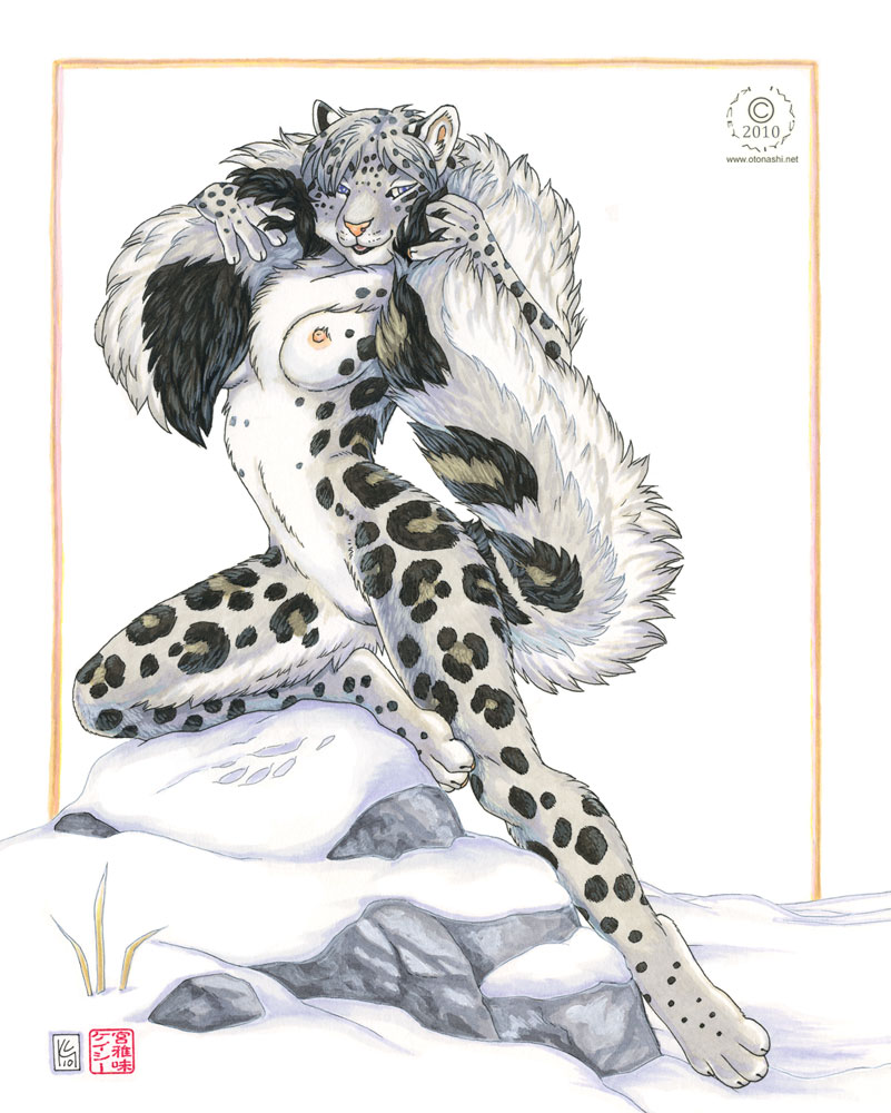 2010 blue_eyes border breasts feline female kacey looking_at_viewer nipples nude rock snow snow_leopard solo tail