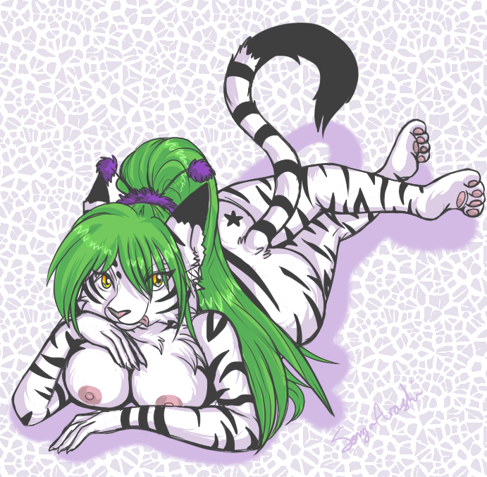 breasts feline female kashiro_mint lying mammal nude on_front solo sonjaarashi tiger