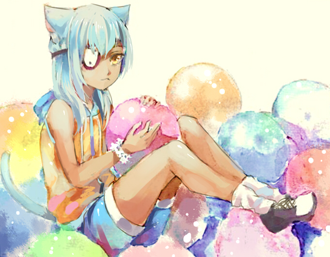 animal_ears bad_id bad_pixiv_id blue_hair bracelet cat_ears cat_tail eyepatch inazuma_eleven inazuma_eleven_(series) jewelry junekun long_hair male_focus sakuma_jirou sitting solo tail yellow_eyes