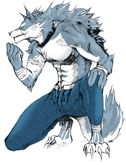 bandage canine collar ear_piercing half-dressed male muscles piercing solo unknown_artist wolf