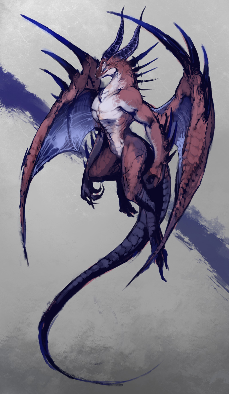 blue_eyes dragon horns long_tail murayama_ryota muscles scalie solo spines tail wings