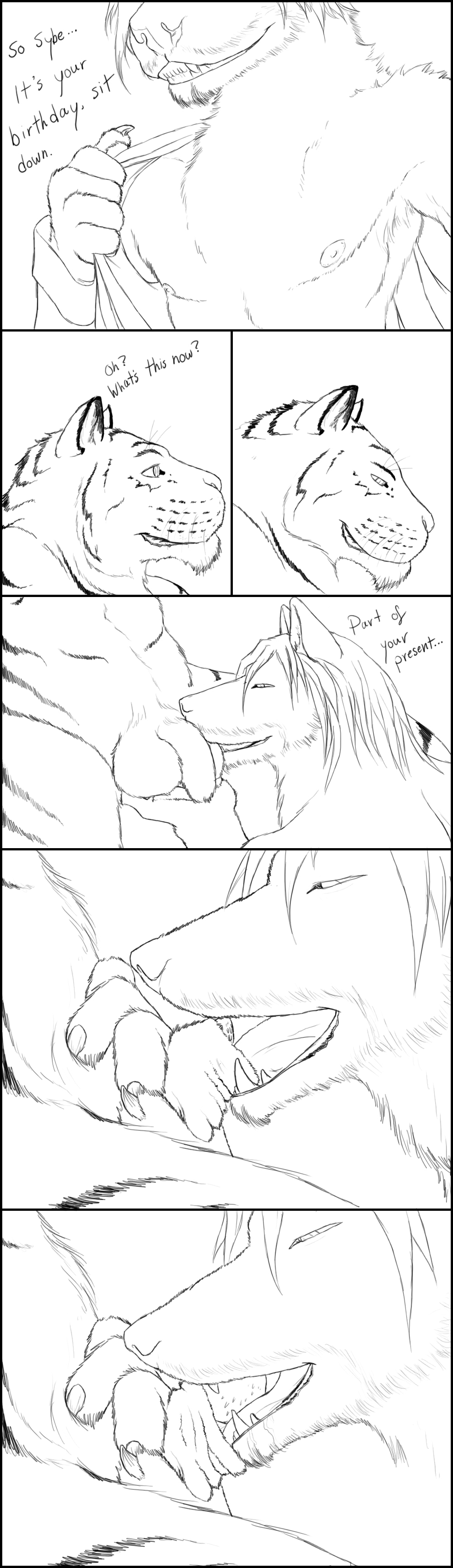 ball_fondling ball_licking balls canine chase-shift comic couple feline foreskin_sheath gay gift hi_res licking male oral sketch stripes tiger tongue