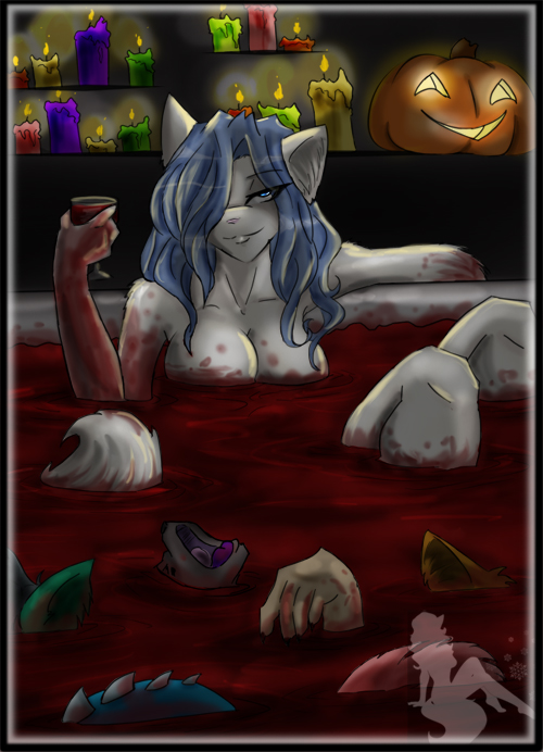 arctic arctic-sekai arctic-sekai_(character) bath bathing blood blue_hair bodies breasts candles canine cat cleavage death dragon drink feline female fire glass hair halloween jack_o_lantern muzzle nude pumpkin scales shelves solo tails wolf